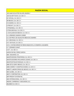 RAZON SOCIAL 
.925 HAND SCULPTED SILVER JEWERLY
.925 SILVER TAXCO, S.A. DE C.V.
201 OFICIAL, S.A. DE C.V.
3M MEXICO, S.A. DE