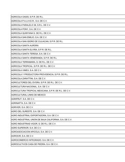 AGRICOLA OASIS, S.P.R. DE R.L.
AGRICOLA P.A.U.H.E.R., S.A. DE C.V.
AGRICOLA PARALELO 38, S.R.L. DE C.V.
AGRICOLA PONY, S.A. D