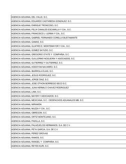 AGENCIA ADUANAL DEL VALLE, S.C.
AGENCIA ADUANAL EDUARDO CASTAÑEDA GONZALEZ, S.C.
AGENCIA ADUANAL ENRIQUE TRONCOSO, S.C.
AGENC