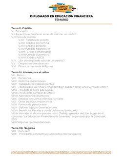 DIPLOMADO EN EDUCACIÓN FINANCIERA 
TEMARIO 
 
 
 
 
 
 
 
 
Tema V. Crédito  
V.I  Concepto 
 
V.II Aspectos a consider