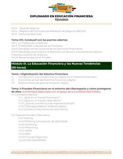 DIPLOMADO EN EDUCACIÓN FINANCIERA 
TEMARIO 
 
 
 
 
 
 
 
 
VII.III  Tipos de seguros  
VII.IV  Registro de Contratos d