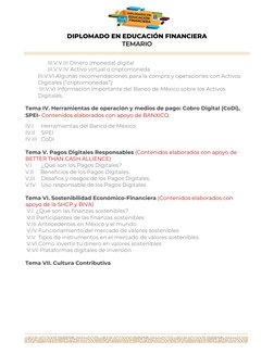 DIPLOMADO EN EDUCACIÓN FINANCIERA 
TEMARIO 
 
 
 
 
 
 
 
 
III.V.V.III Dinero (moneda) digital  
III.V.V.IV Activo vir
