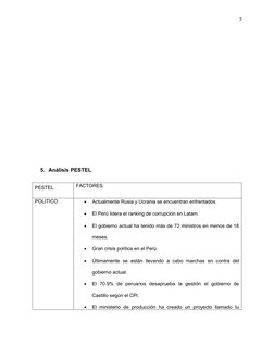 7
5. Análisis PESTEL
PESTEL
FACTORES
POLITICO

Actualmente Rusia y Ucrania se encuentran enfrentados.

El Perú lidera el ra