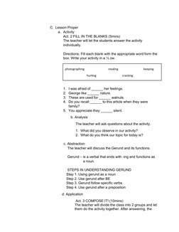 C. Lesson Proper
a. Activity 
Act. 2 FILL IN THE BLANKS (5mins)
The teacher will let the students answer the activity 
indivi