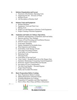I.
Kitchen Organization and Layout
a.
Functions of the Kitchen, Operating Units
b. Organizing the Job – Division of Work
c.
K