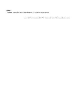 Ponds
The water impounded behind a small dam (< 15 m high) or embankment.
Source: 2019 Refinement to the 2006 IPCC Guidelines