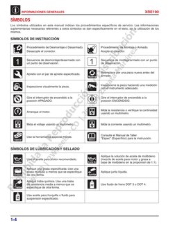 1-4
XRE190
INFORMACIONES GENERALES
SÍMBOLOS
Los símbolos utilizados en este manual indican los procedimientos específicos de