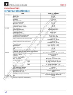 1-6
XRE190
INFORMACIONES GENERALES
ESPECIFICACIONES
ESPECIFICACIONES TÉCNICAS 
ÍTEM 
ESPECIFICACIONES
DIMENSIONES Largo total