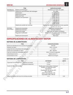 1-7
XRE190
INFORMACIONES GENERALES
ÍTEM 
ESPECIFICACIONES
SISTEMA DE 
TRANSMISIÓN 
Sistema de Embrague 
Multidiscos en baño d