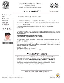 Carta de asignación
Universidad Nacional Autónoma de México
Secretaría General
Dirección General de Administración Escolar
20