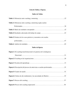 6 
 
 Lista de Tablas y Figuras. 
Índice de Tablas 
Tabla 1: Diferencias entre coaching y mentoring ……………………………………………....22