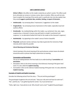 UNIT 4 WRITER’S EFFECT
Writer’s Effect is the effect on the reader created by an author’s words. This effect could
be to stim