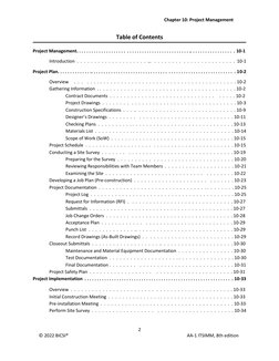 Chapter 10: Project Management 
2 
 
© 2022 BICSI® 
AA-1 ITSIMM, 8th edition 
 
Table of Contents 
 
Project Management. . .