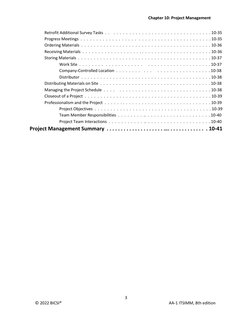 Chapter 10: Project Management 
3 
 
© 2022 BICSI® 
AA-1 ITSIMM, 8th edition 
 
Retrofit Additional Survey Tasks  .  .    .