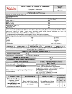 Gatorade Lima-Limón
FICHA No.
P154
Calorias 60  3%
Sodio 110 mg 5%
FICHA TÉCNICA DE PRODUCTO TERMINADO
Hoja 3 de 3
0%
INFORMA
