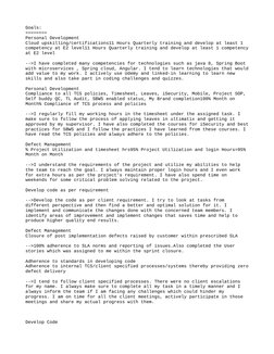 Goals:
========
Personal Development
Cloud upskilling/certifications11 Hours Quarterly training and develop at least 1 
compe