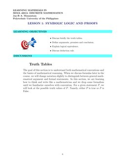 LEARNING MATERIALS IN
SEMA 40013: DISCRETE MATHEMATICS
Jay-R A. Manamtam
Polytechnic University of the Philippines
LESSON 1: