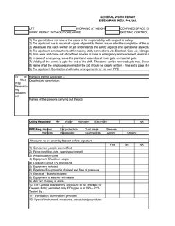 GENERAL WORK PERMIT
EISENMANN INDIA Pvt. Ltd.
LTT
WORKING AT HEIGHT
CONFINED SPACE ENTRY
WORK PERMIT WITH OUT OPEN FIRE
EXIST