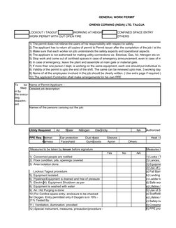 GENERAL WORK PERMIT
OWENS CORNING (INDIA) LTD. TALOJA
LOCKOUT / TAGOUT
WORKING AT HEIGHT
CONFINED SPACE ENTRY
WORK PERMIT WIT