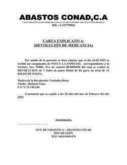 CALLE PROLONGACION MIRANDA, LOCAL S/N SECTOR MERCADO NUEVO LOS BLOQUES
RIF.: J-315759063
CARTA EXPLICATIVA:
(DEVOLUCIÓN DE ME