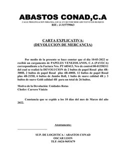 CALLE PROLONGACION MIRANDA, LOCAL S/N SECTOR MERCADO NUEVO LOS BLOQUES
RIF.: J-315759063
CARTA EXPLICATIVA:
(DEVOLUCION DE ME