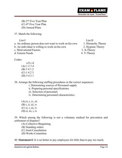 Answers are given below.
Page 10
(B) 2nd Five Year Plan
(C) 4th Five Year Plan
(D) Annual Plans
37. Match the following:
List
