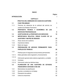 ÍNDICE
Página
INTRODUCCIÓN 
i
CAPÍTULO I
PRÁCTICA DEL SEMINARIO DE CASOS DE AUDITORÍA
1.1
FASE PRELIMINAR
1
1.1.1
Términos  d