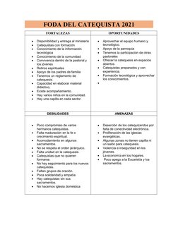 FODA DEL CATEQUISTA 2021
FORTALEZAS 
OPORTUNIDADES 

Disponibilidad y entrega al ministerio

Catequistas con formación

Co