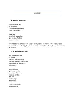 RONDAS
1. El patio de mi casa
El patio de mi casa
es particular,
cuando llueve se moja
como los demás.
Agáchate
y vuélvete a