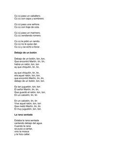 Cú cú paso un caballero.
Cú cú con capa y sombrero.
Cú cú paso una señora.
Cú cú con traje de cola.
Cú cú paso un marinero.
C