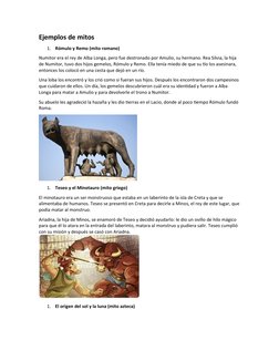 Ejemplos de mitos
1.
Rómulo y Remo (mito romano)
Numitor era el rey de Alba Longa, pero fue destronado por Amulio, su hermano