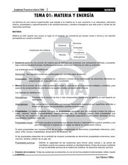 Academia Preuniversitaria CIMA 
QUÍMICA 
Luis Cáceres Yáñez 
TEMA 01: MATERIA Y ENERGÍA 
 
La Química es una ciencia ex