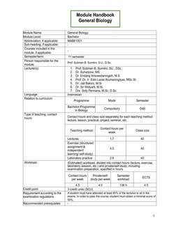 1 
 
 
 
Module Name: 
General Biology 
Module Level: 
Bachelor 
Abbreviation, if applicable: 
MAB61001 
Sub-heading, if ap