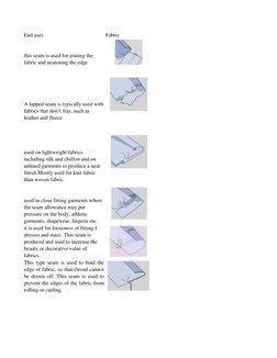 End uses
Fabric 
this seam is used for joining the 
fabric and neatening the edge
A lapped seam is typically used with 
fabri