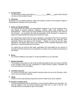 3.
Compensation
You will receive a basic gross salary of _______________(PHP______)per month and paid
out twice a month subje
