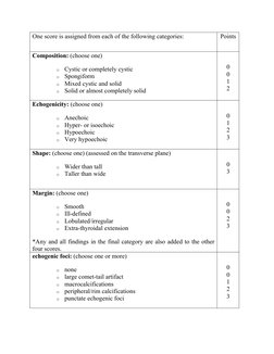 One score is assigned from each of the following categories:
Points
Composition: (choose one)
o
Cystic or completely cystic
o