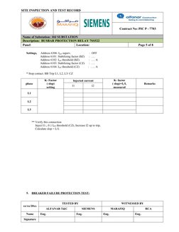 SITE INSPECTION AND TEST RECORD
Contract No: PIC P - 7703
Name of Substation: 10J SUBSTATION
Description:  BUSBAR PROTECTION