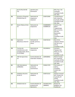 de CV (PLUZ SA DE 
CV)
aparatos para 
iluminacion
#16, Fracc. Ind. 
Cuamatla, 
Cuautitlan Izcalli, 
Edo. Mex
56
Servicios y P