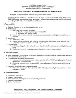 STATE OF CONNECTICUT
DEPARTMENT OF DEVELOPMENTAL SERVICES
NURSING DELEGATION PROCEDURE
PROTOCOL:  AXILLARY (UNDER ARM) TEMPER