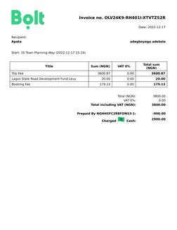 Bolt Ride Invoice for Apata Adekola | PDF
