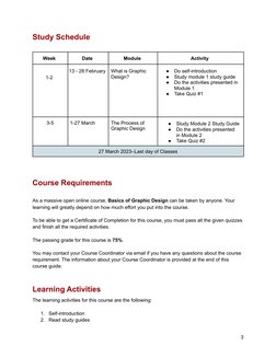 Study Schedule
Week
Date
Module
Activity
1-2
13 - 28 February
What is Graphic
Design?
●
Do self-introduction
●
Study module 1