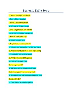 Periodic Table Song
 1. There’s Hydrogen and Helium   
2. Then Lithium, Beryllium
3. Boron, Carbon everywhere     
 4. Nitrog