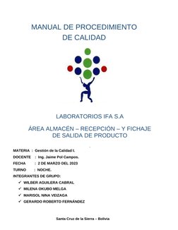 MANUAL DE PROCEDIMIENTO
DE CALIDAD
LABORATORIOS IFA S.A 
ÁREA ALMACÉN – RECEPCIÓN – Y FICHAJE
DE SALIDA DE PRODUCTO
.
MATERIA