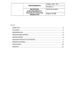 PROCEDIMIENTO
Código: ALM - 001
Revisión: 0
RECEPCIÓN,
ALMACENAMIENTO Y
FICHAJE DE SALIDA DE
PRODUCTOS
Fecha de emisión: 
Pág