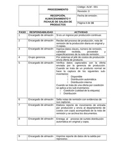 PROCEDIMIENTO
Código: ALM - 001
Revisión: 0
RECEPCIÓN,
ALMACENAMIENTO Y
FICHAJE DE SALIDA DE
PRODUCTOS
Fecha de emisión: 
Pág
