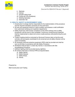 t)
Ratchets
u) Clamps
v)
Grinder/cutting tools
w) Cutting set (Oxy-Acetylene)
x)
Welding Generator
y)
Generator Set
6. HEALTH