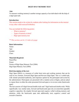 DIGIT SPAN MEMORY TEST
Aim:
To measure working memory's number storage capacity of an individual with the help of
a digit-spa