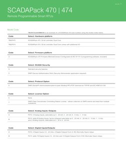 TBUP474UA50BB03S is an example of a SCADAPack 474 part number using the model codes below
Code
Select: Hardware platform
TBUP
