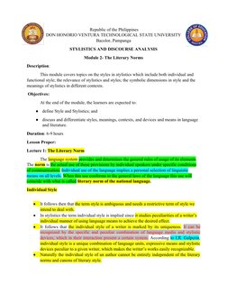 Republic of the Philippines
DON HONORIO VENTURA TECHNOLOGICAL STATE UNIVERSITY
Bacolor, Pampanga
STYLISTICS AND DISCOURSE AN