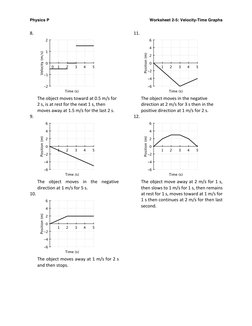 Physics P 
Worksheet 2-5: Velocity-Time Graphs 
8. 
 
 
The object moves toward at 0.5 m/s for 
2 s, is at rest for the next